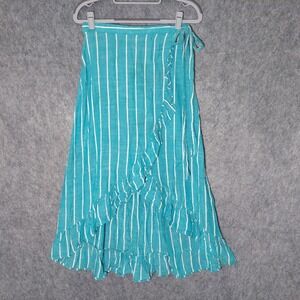 Blue Island Skirt S Embroidery Stripe Wrap Teal Ruffle Coastal Nautical Feminine